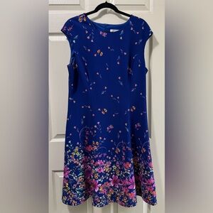 London Times Dress in Blue with Floral Accents